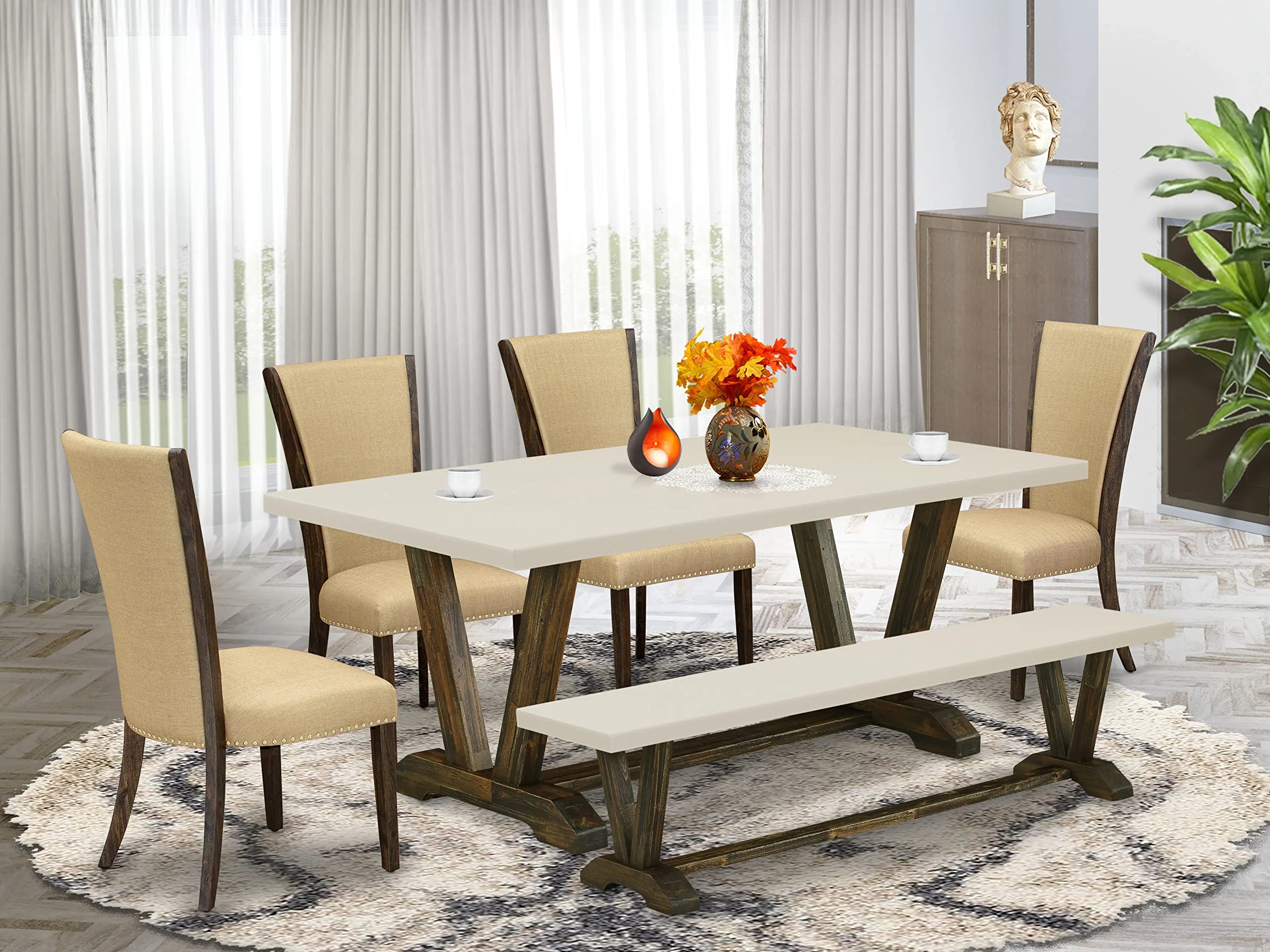 East West Furniture V-Style 6 Piece Dining Room Set Contains a Rectangle Kitchen Table with V-Legs and 4 Brown Linen Fabric Parson Chairs with a Bench, 40x72 Inch, Multi-Color